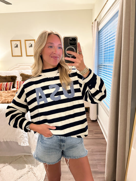 USA Stripe Sweater- Navy/White