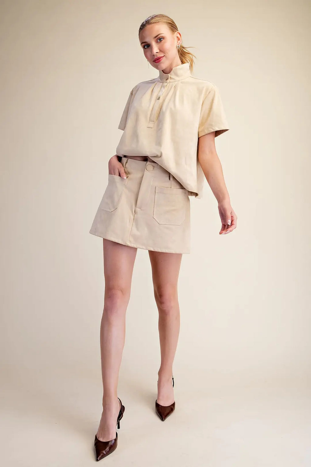 Estelle Suede Skirt Set- Beige
