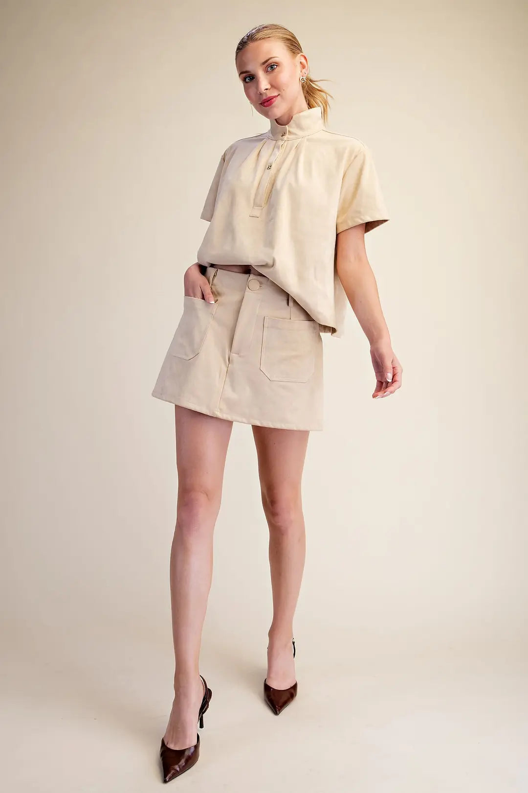 Estelle Suede Skirt Set- Beige