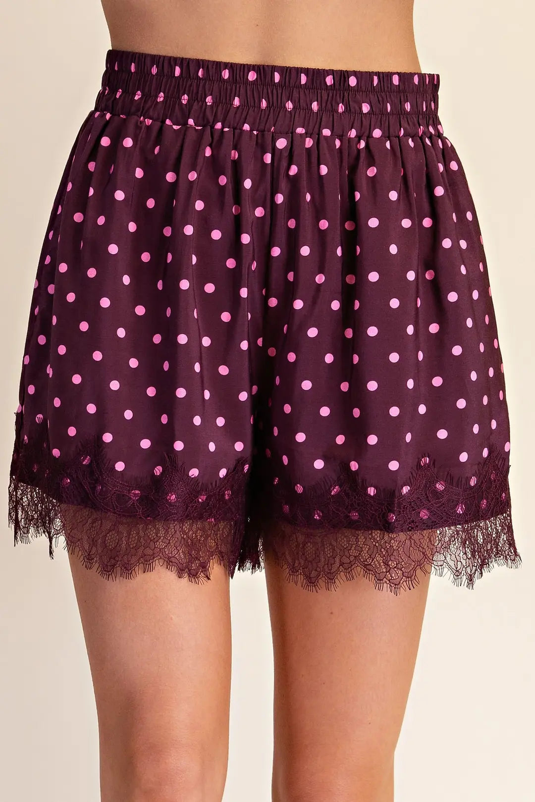 Lace Trim Polka Dot Shorts- Plum