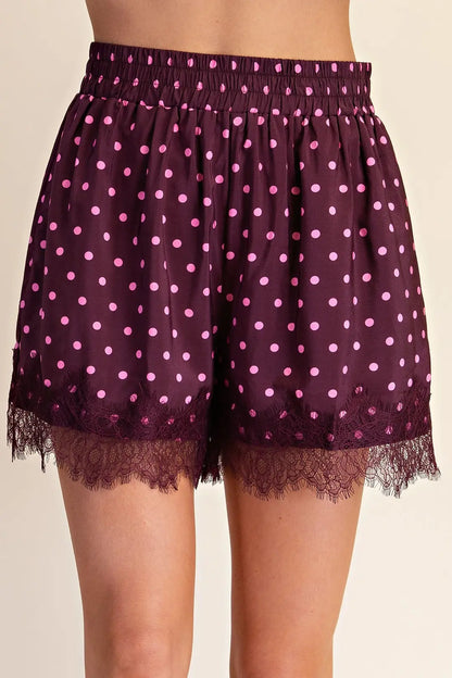 Lace Trim Polka Dot Shorts- Plum