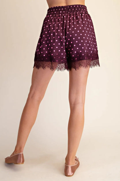 Lace Trim Polka Dot Shorts- Plum