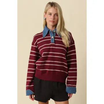 Sofia Stripe Collared Sweater- Burgundy