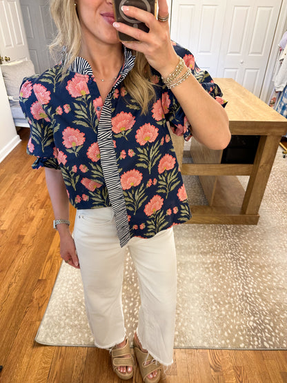 Beatrice Floral Top- Navy