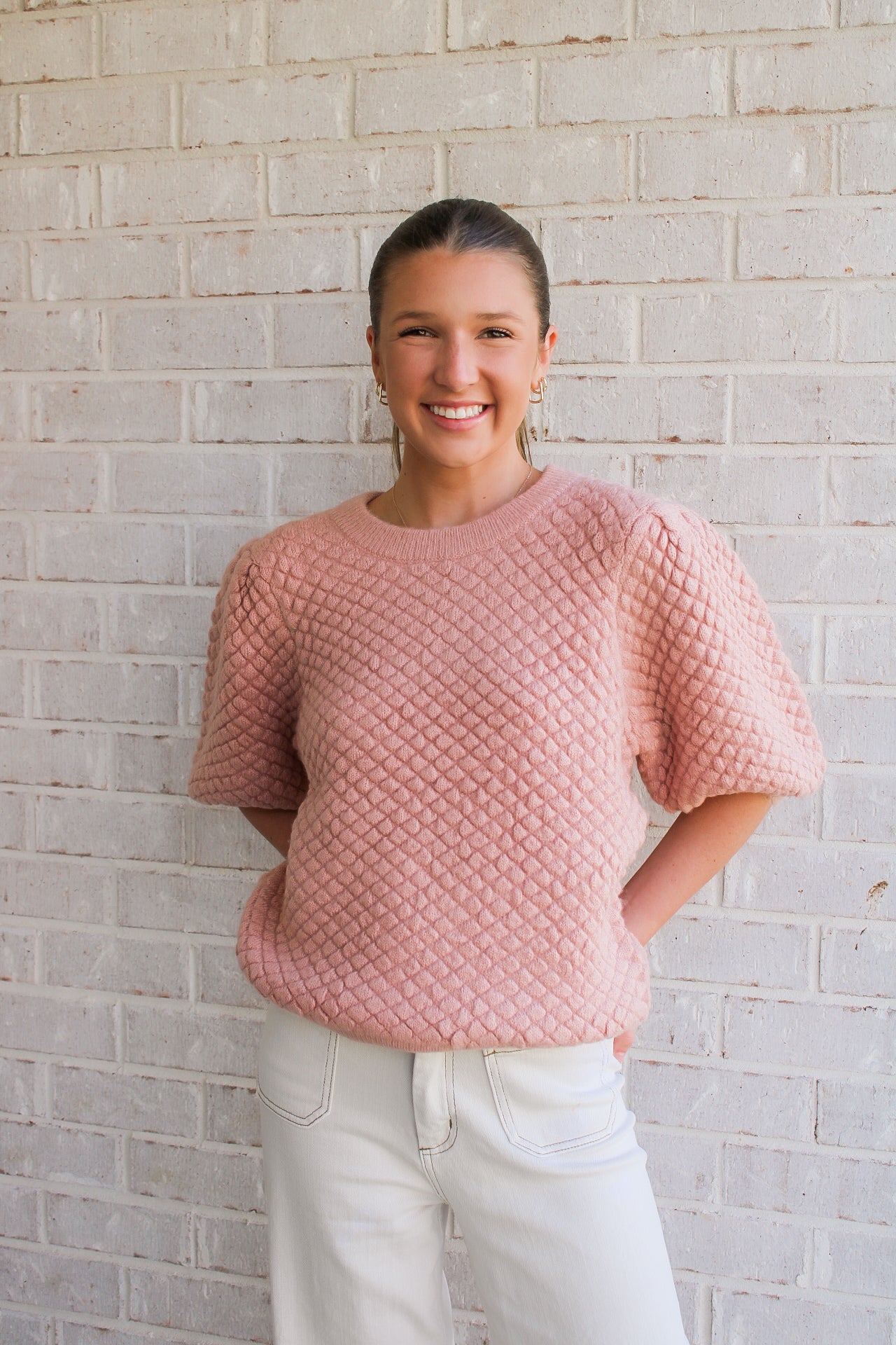 Textured Puff Sweater- Dusty Pink