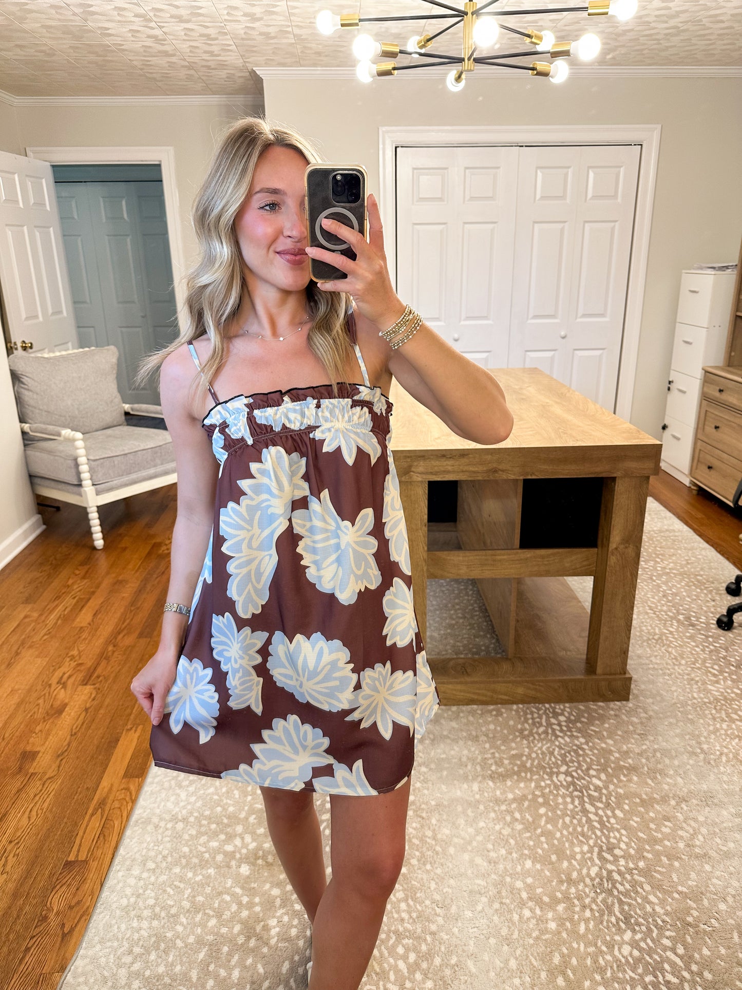 Palma Floral Mini Dress- Brown/Blue