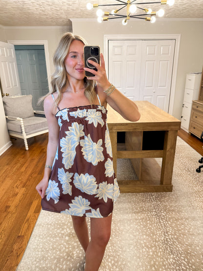 Palma Floral Mini Dress- Brown/Blue