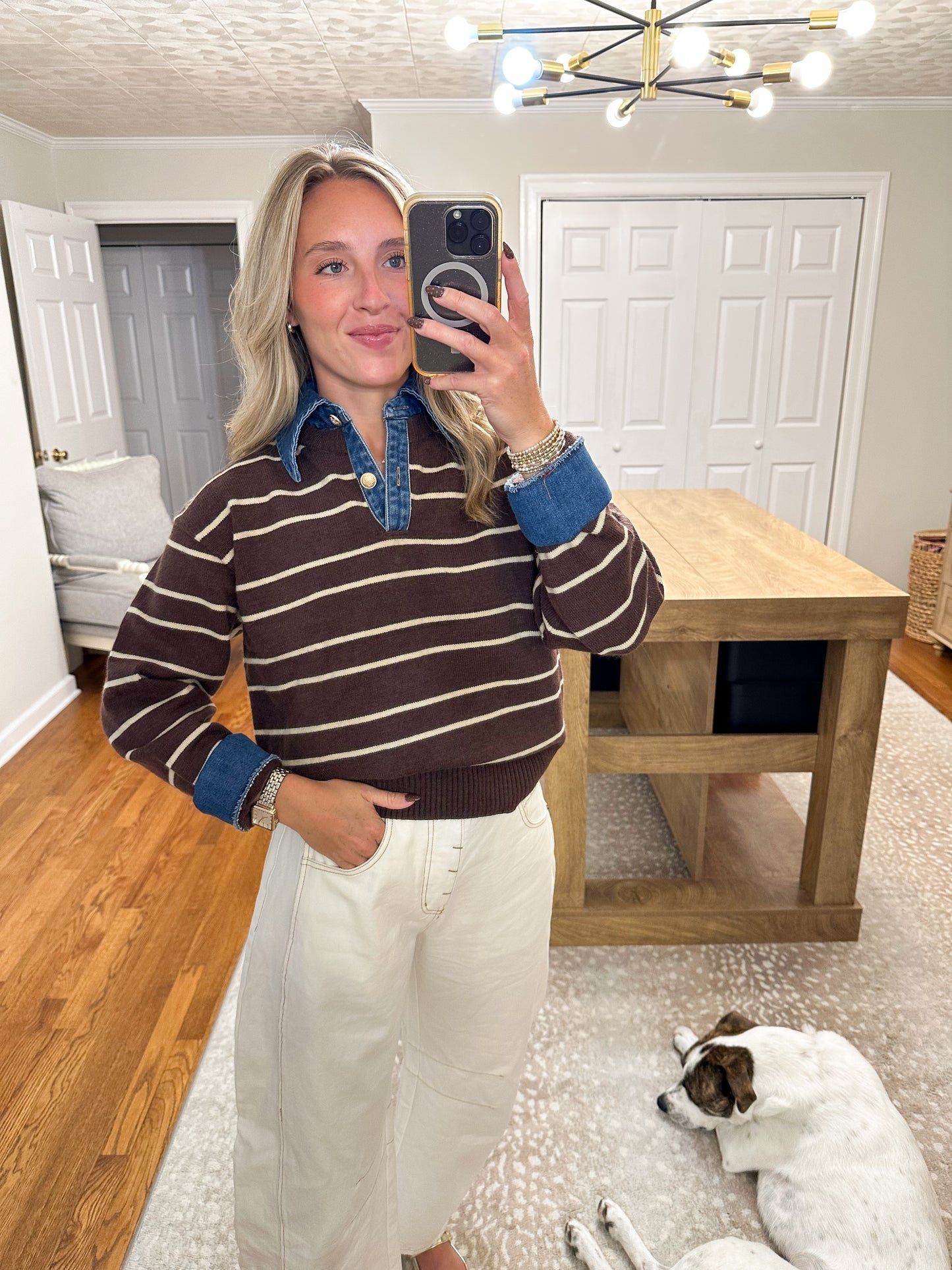 Sofia Stripe Collared Sweater- Brown