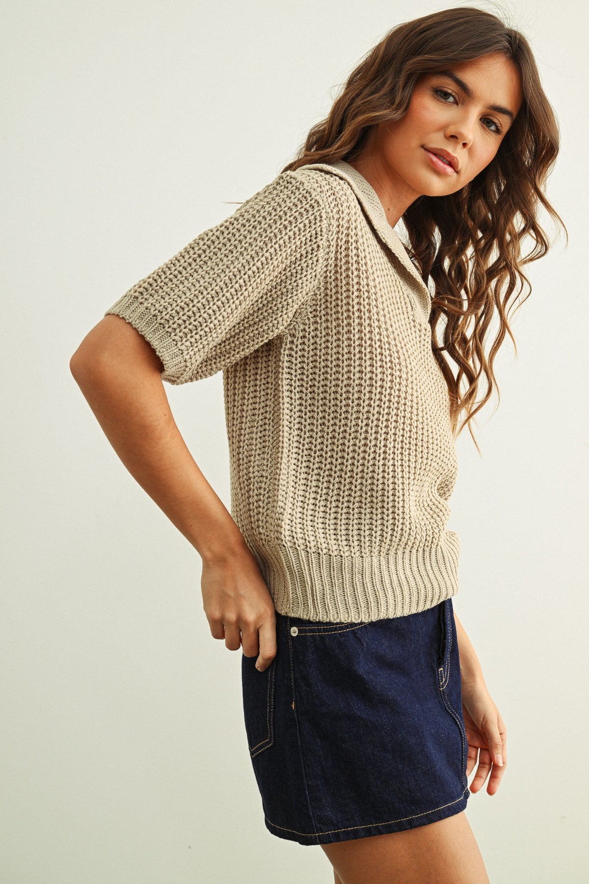 Collared Short Sleeve Knitted Top- Cement