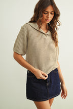 Collared Short Sleeve Knitted Top- Cement