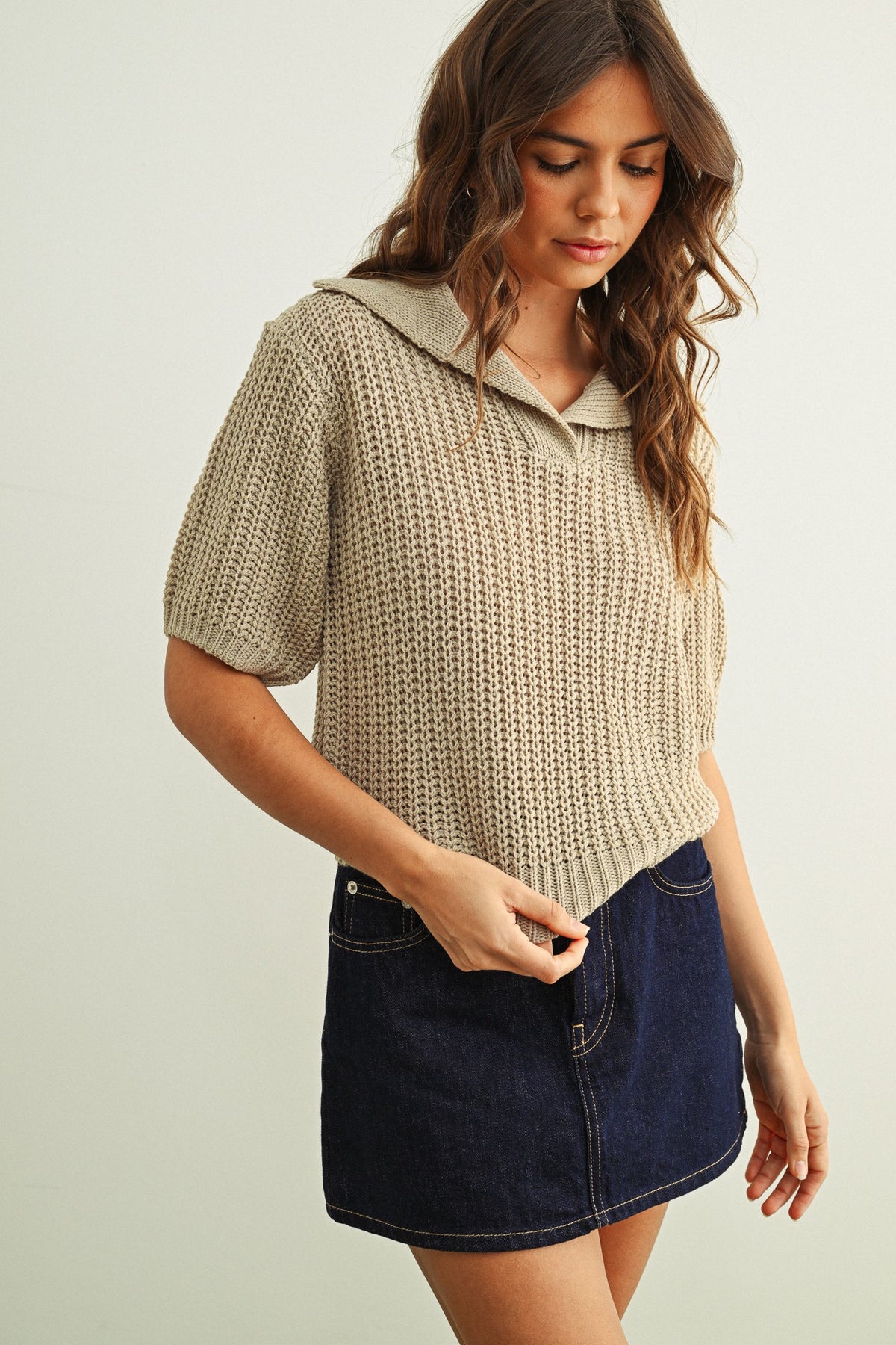 Collared Short Sleeve Knitted Top- Cement