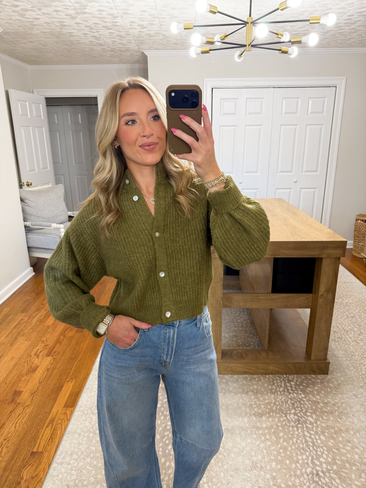 Mila Balloon Sleeve Cardigan- Olive