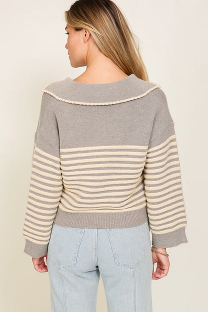 Collared Stripe Sweater- Grey/Cream