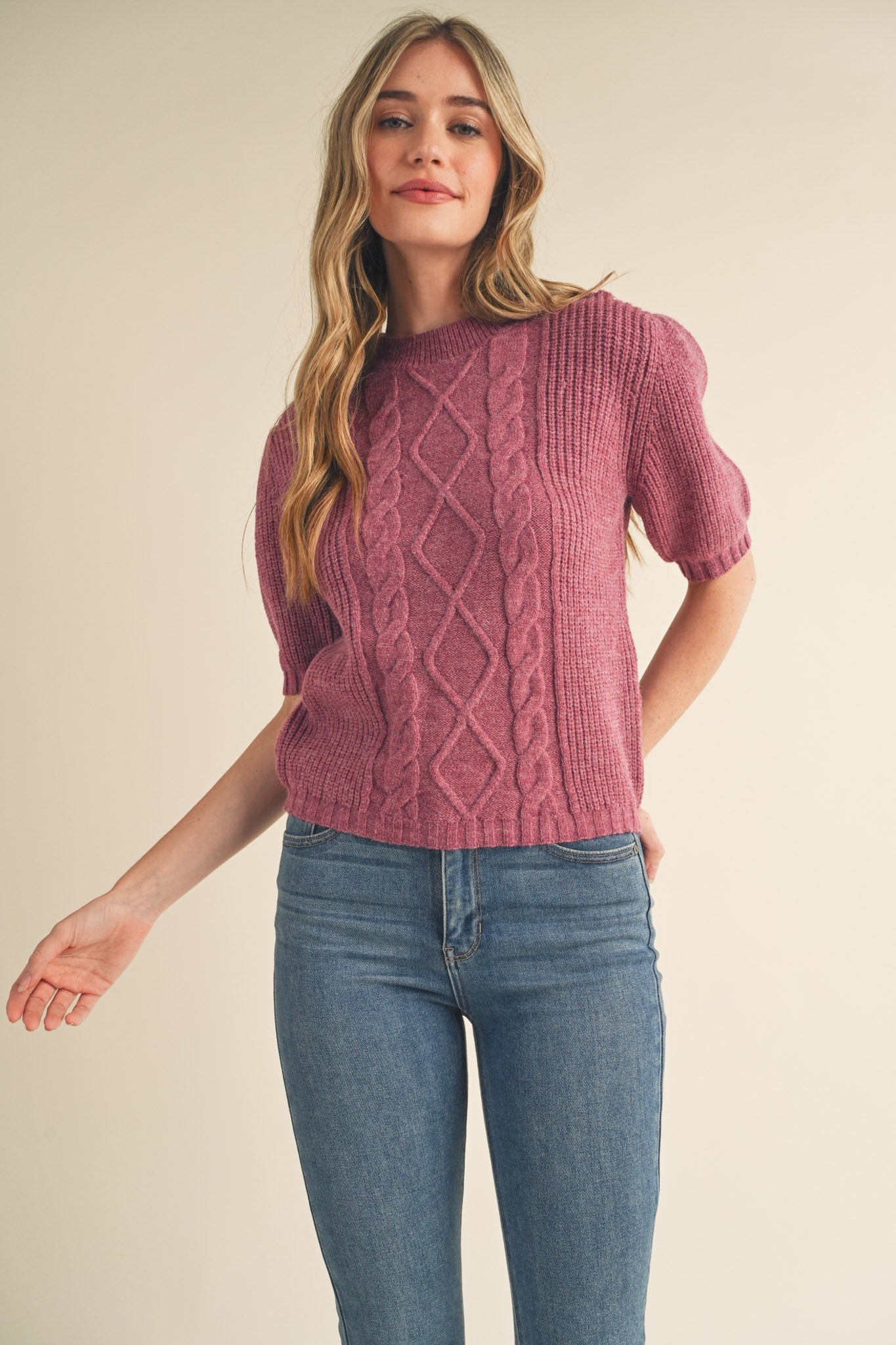 Plum Short Puff Sleeve Sweater