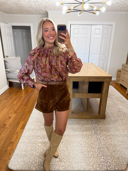 Vivi Ruffle Neck Top- Brick