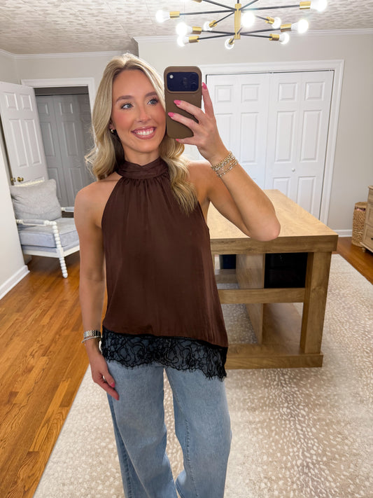Rosemary Lace Hem Top- Chocolate