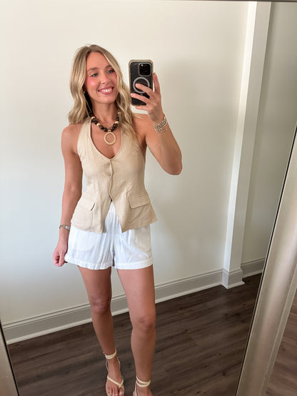 Back Tie Halter Vest- Tan