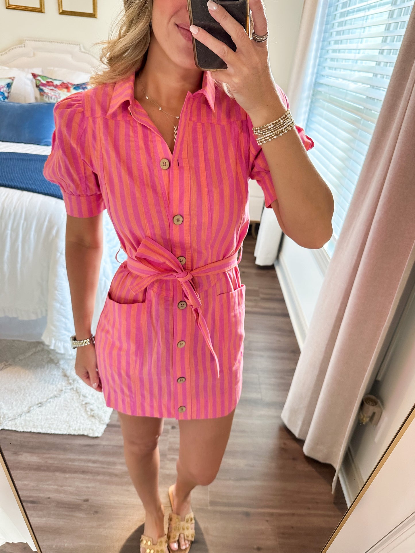 Wren Button Mini Dress- Pink/Orange