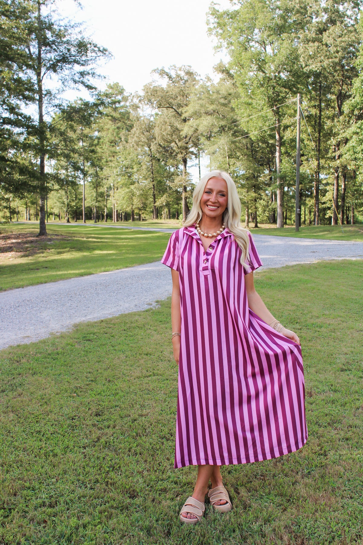 Frankie Stripe Midi Dress- Plum