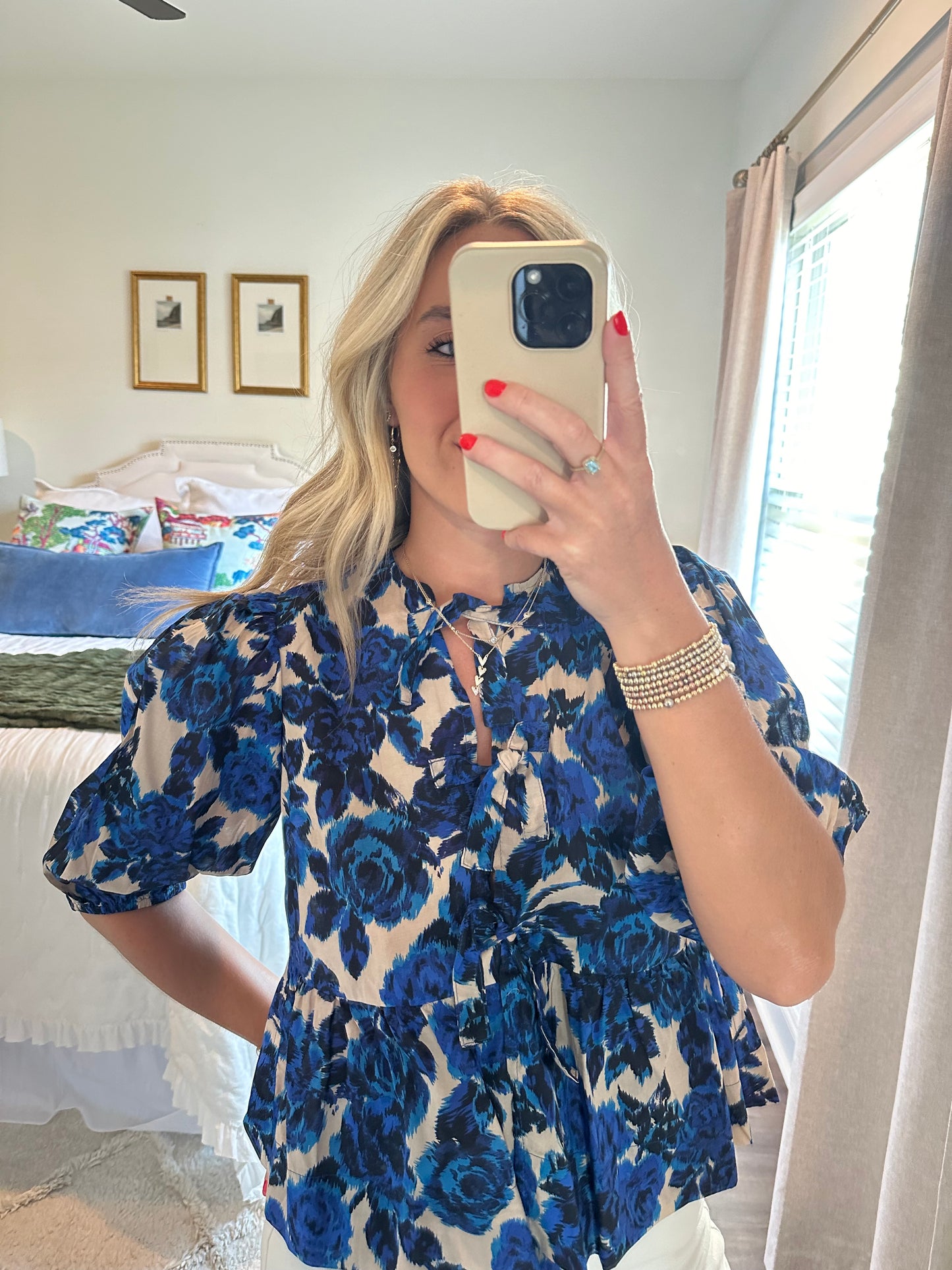 Keri Top- Beige/Blue Floral