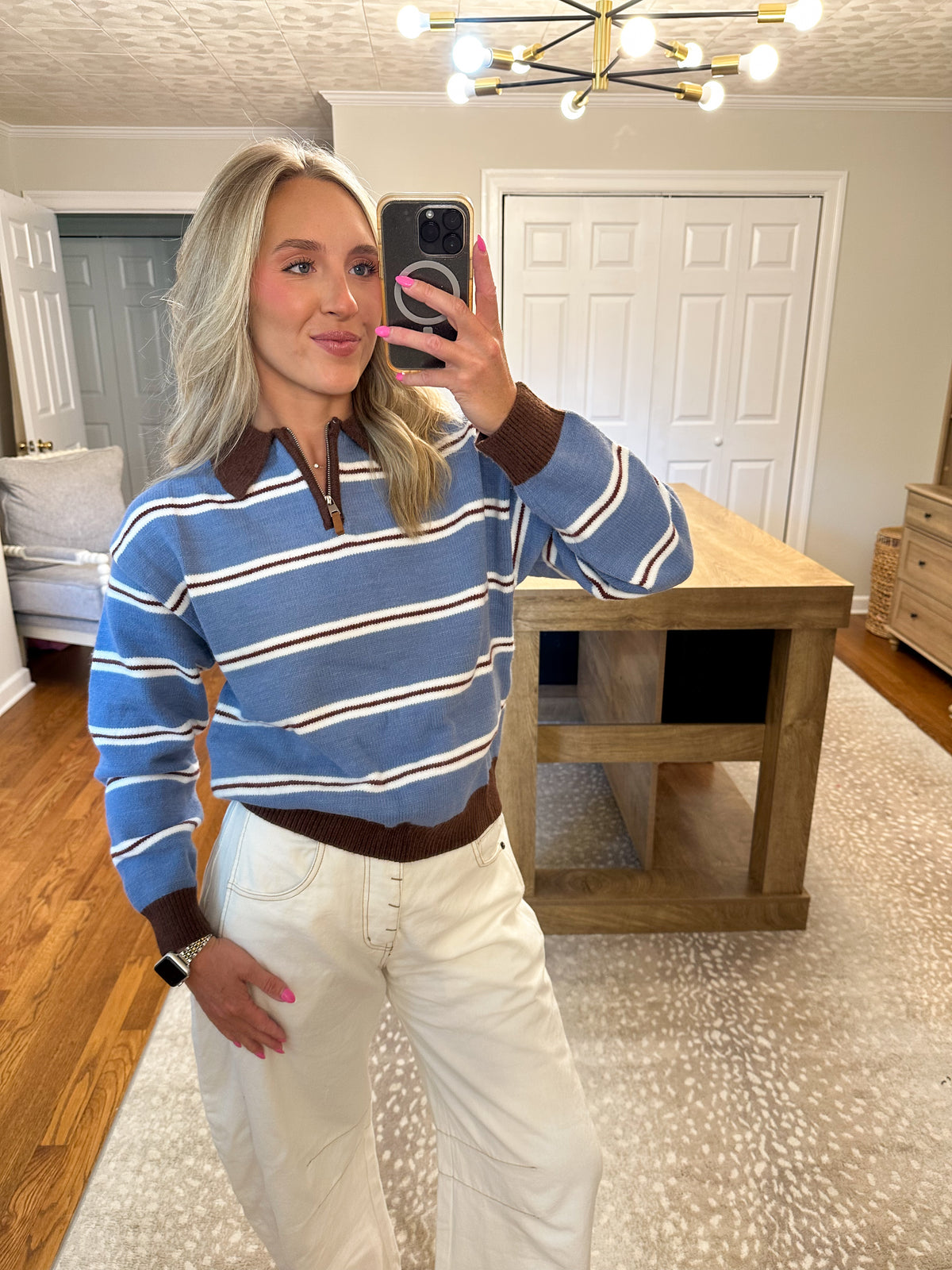 Retro Stripe Quarter-Zip Sweater- Brown/Blue