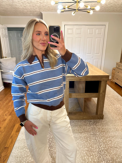 Retro Stripe Quarter-Zip Sweater- Brown/Blue