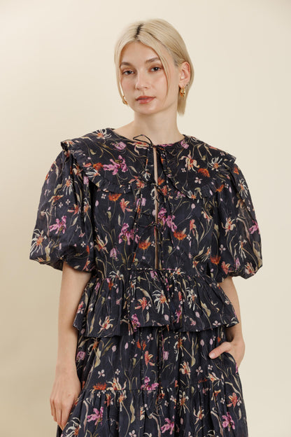 Camille Floral Top- Navy