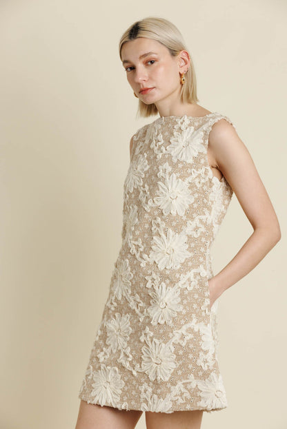 Mavis Embroidered Mini Dress- Tan
