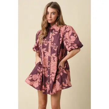 Ian Floral Puff Sleeve Mini Dress- Wine/Pink