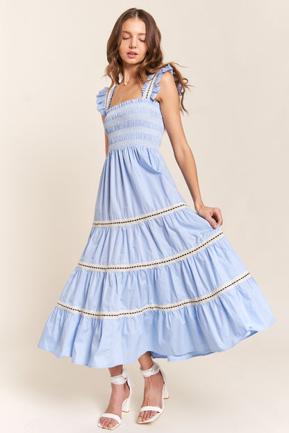 Shoulder Tie Smocked Maxi- Light Blue