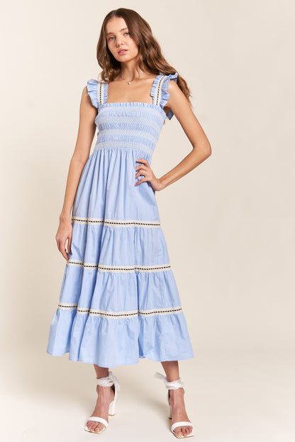 Shoulder Tie Smocked Maxi- Light Blue