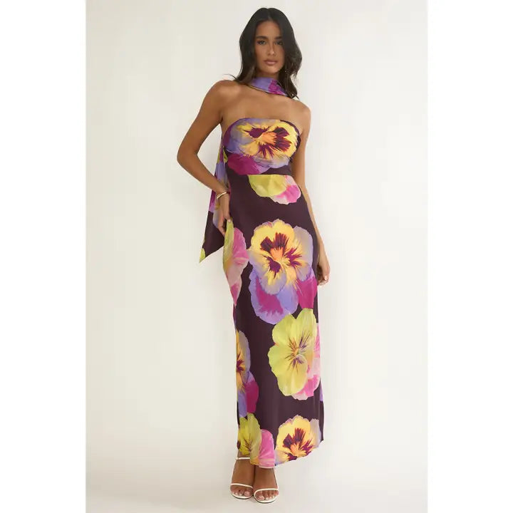 Plum Strapless Floral Maxi Dress