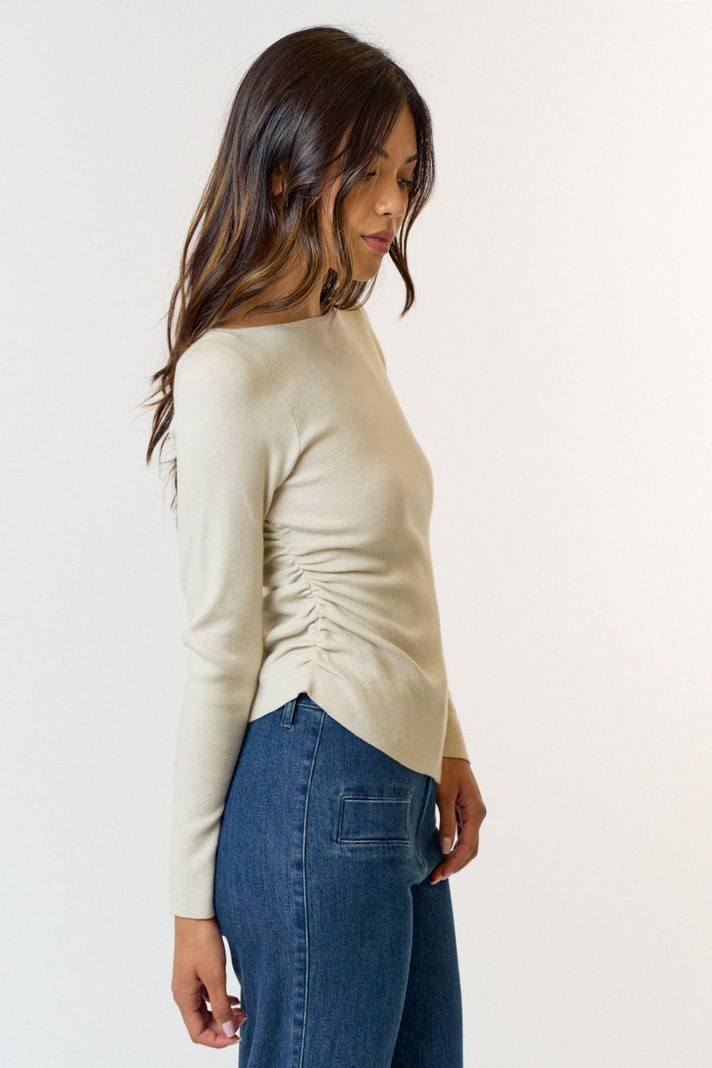 Asymmetric Ruched Sweater- Cream