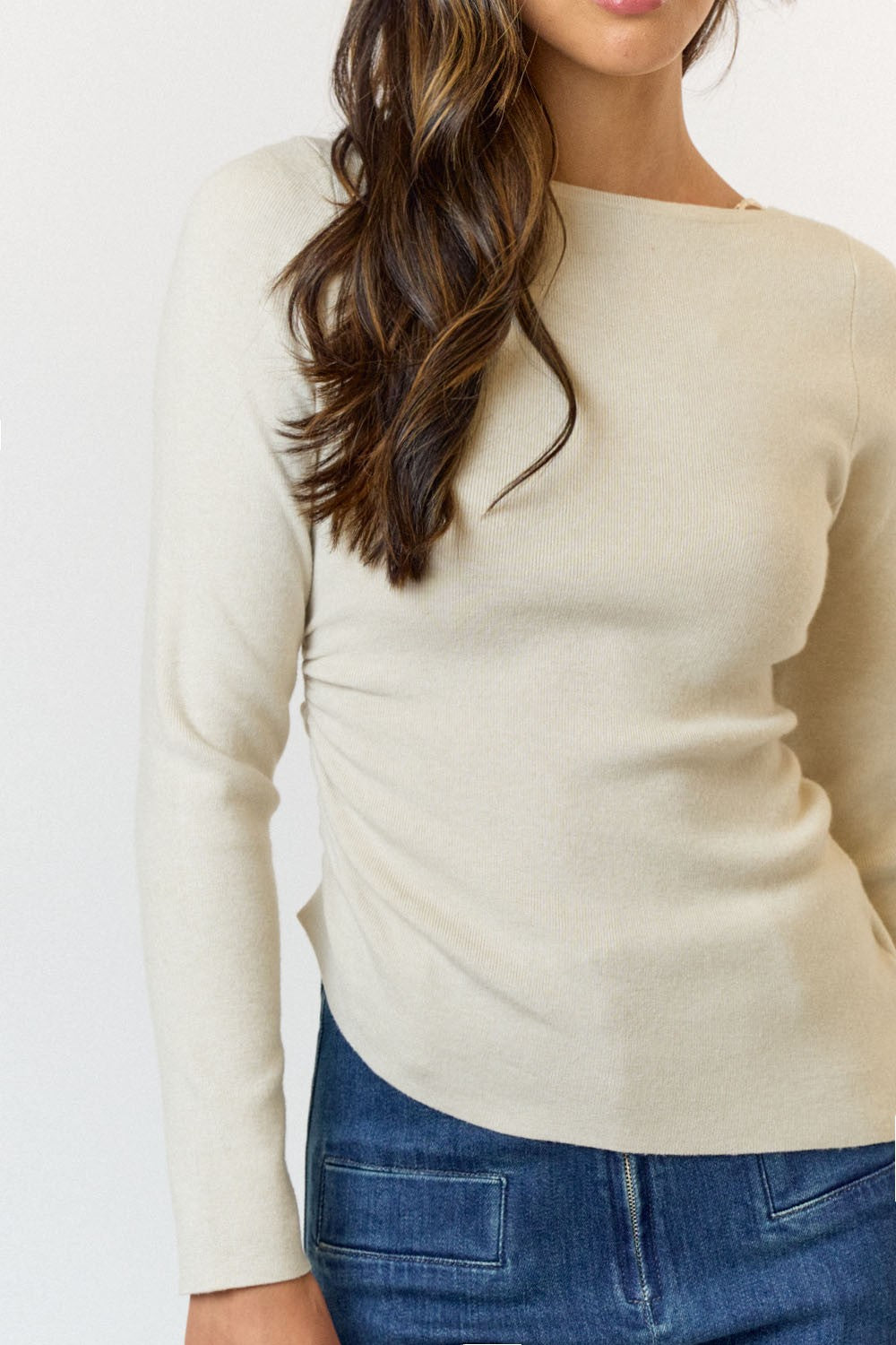 Asymmetric Ruched Sweater- Cream