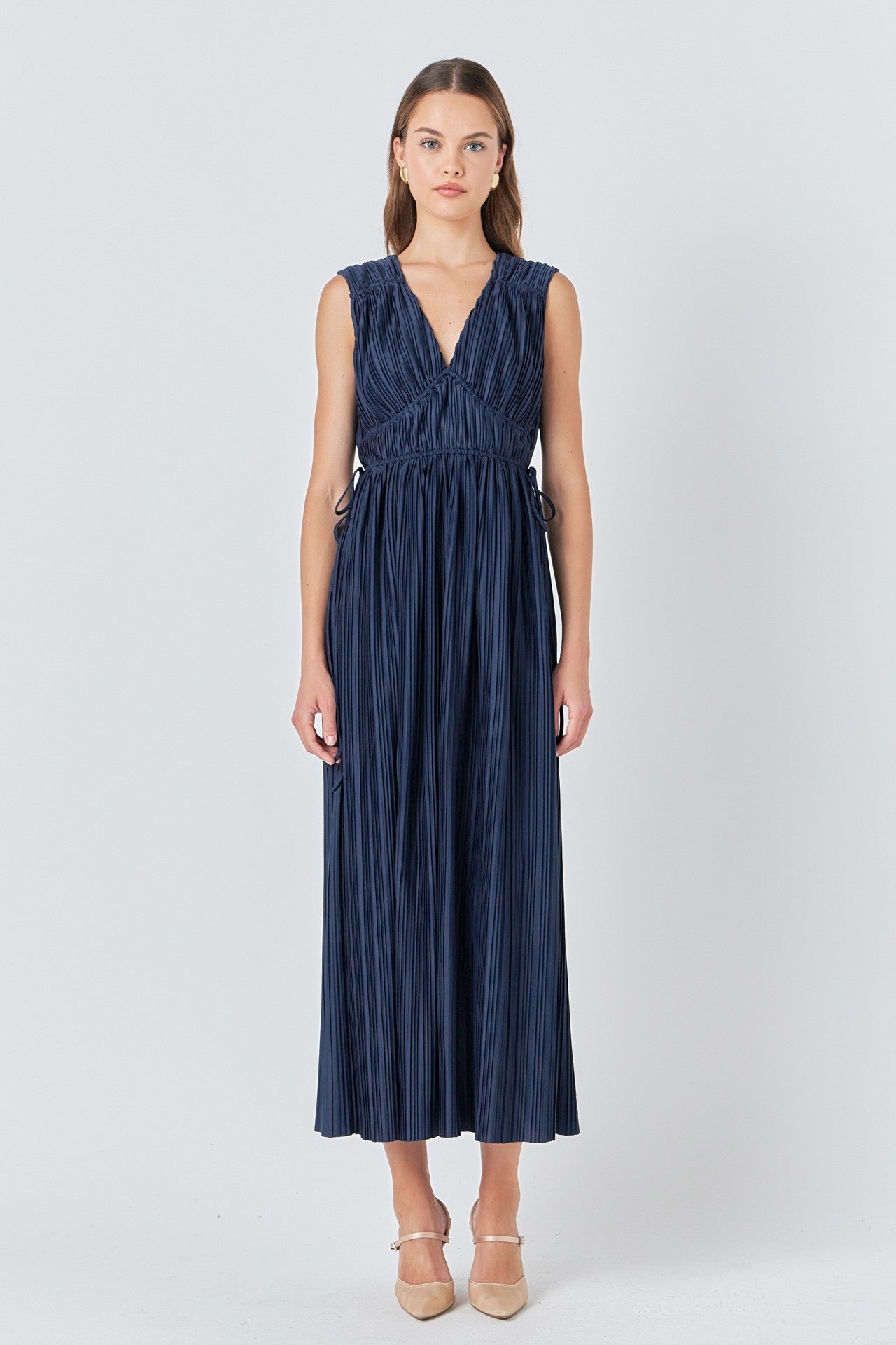 Pleated Midi Dress- Navy