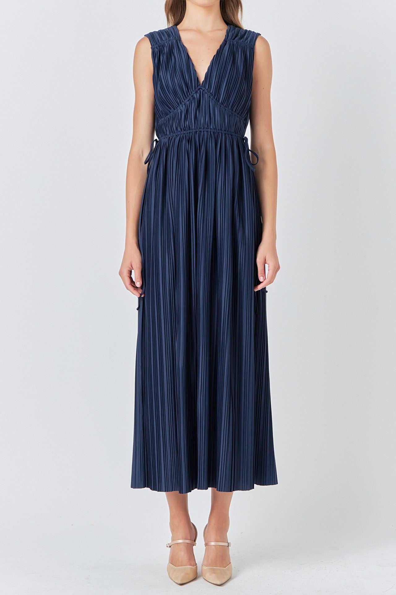 Pleated Midi Dress- Navy