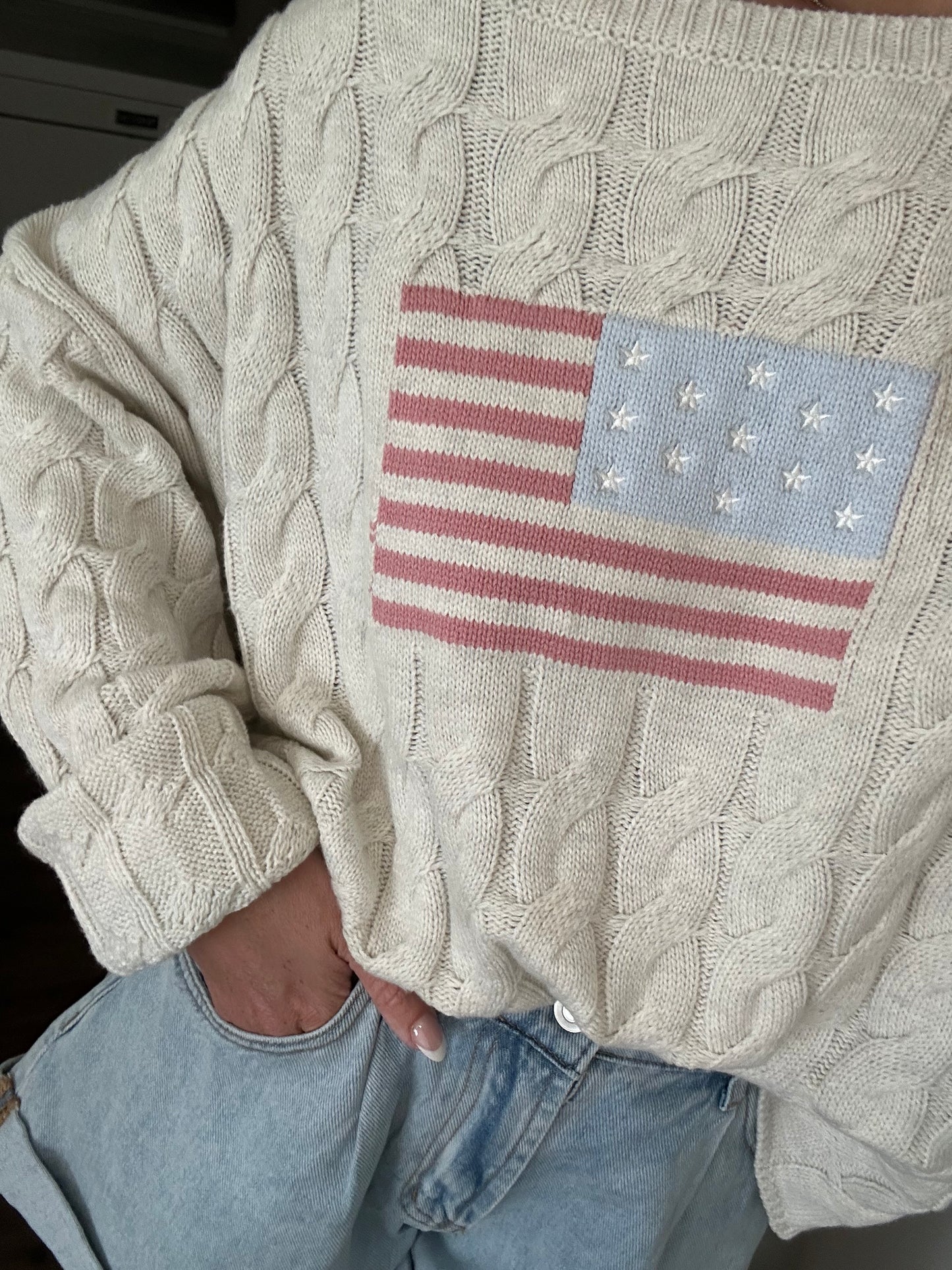 Boat Neck American Flag Sweater- Cream