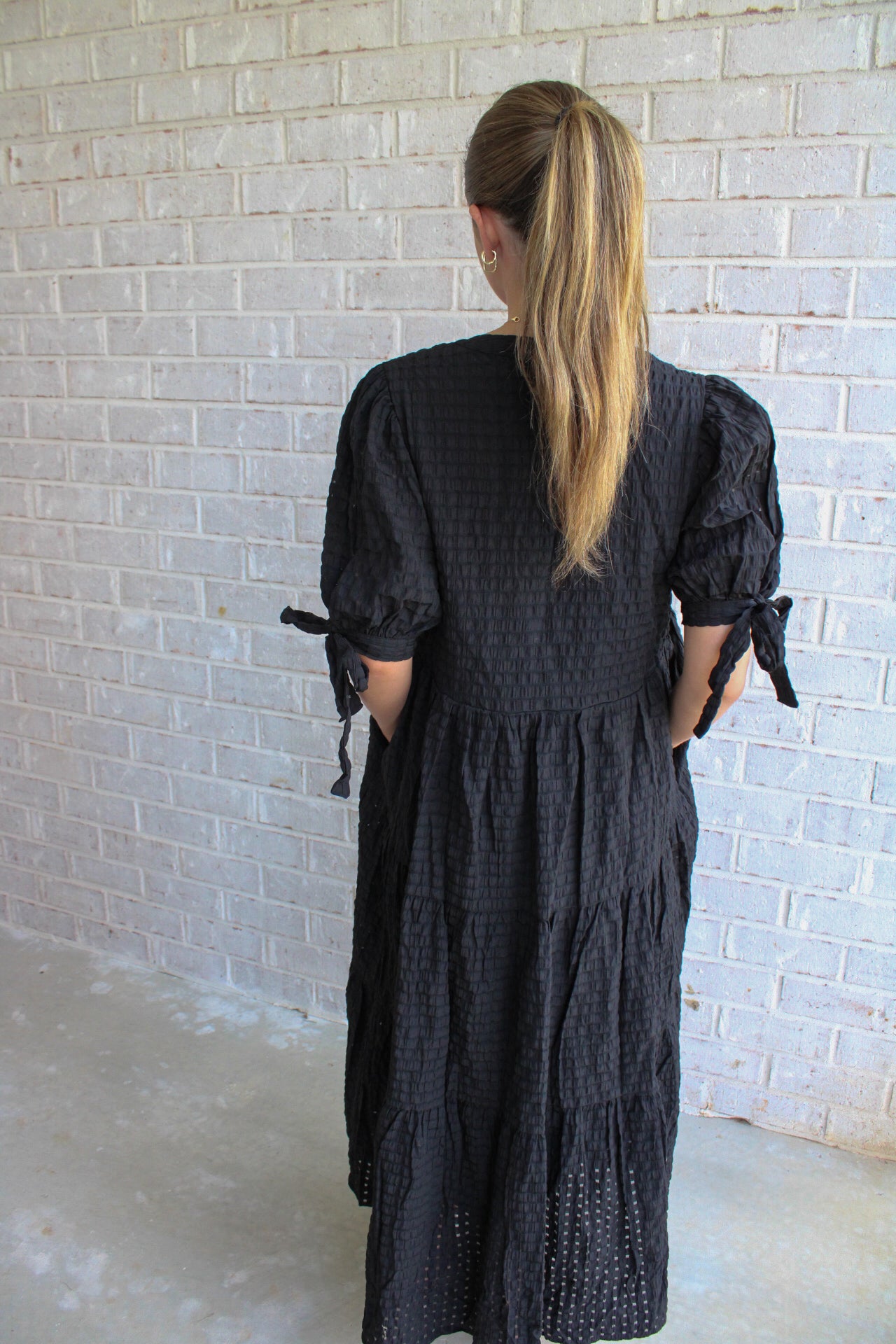 Tiered Midi Dress with Bow Tie Sleeves