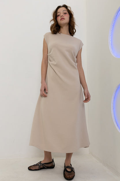 Neoprene Side Pleat Midi- Taupe