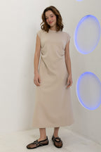Neoprene Side Pleat Midi- Taupe