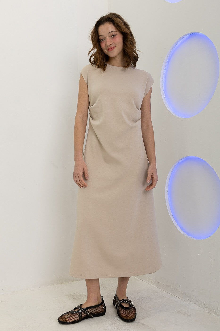 Neoprene Side Pleat Midi- Taupe