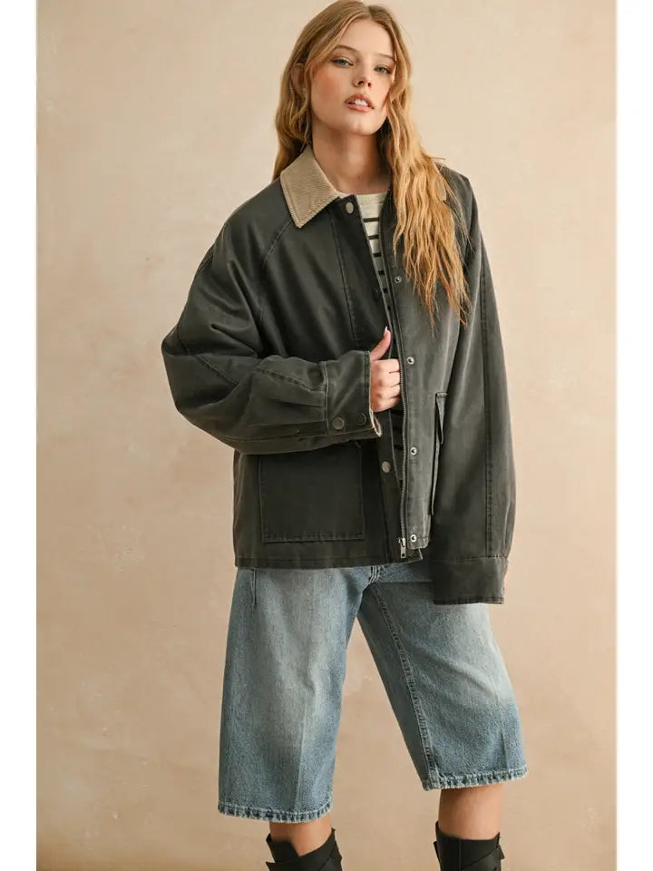Collar Contrasted Utility Jacket- Charcoal