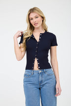 Laken Button Top- Navy