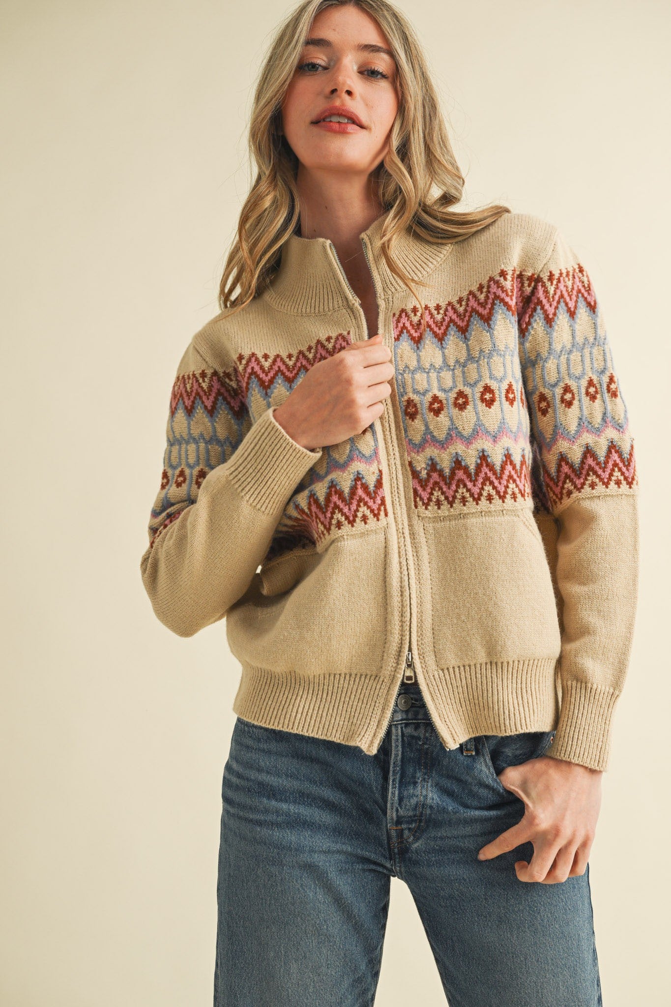 Lysa Isle Zip Up Cardigan- Sand