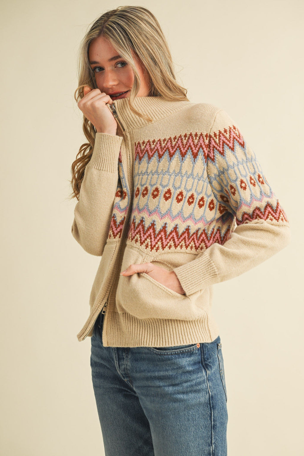 Lysa Isle Zip Up Cardigan- Sand