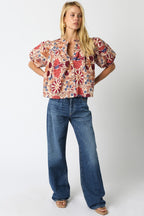 Bria Floral Balloon Shirt- Cream/Rust