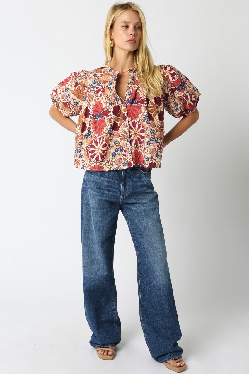Bria Floral Balloon Shirt- Cream/Rust