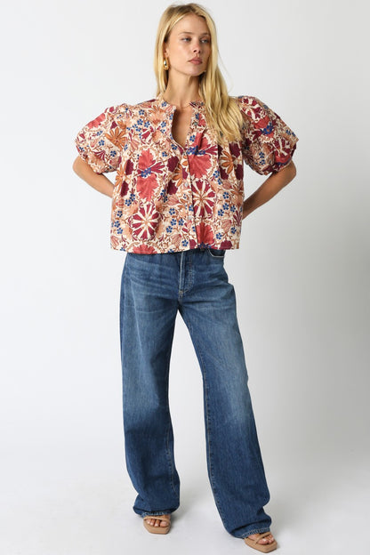Bria Floral Balloon Shirt- Cream/Rust