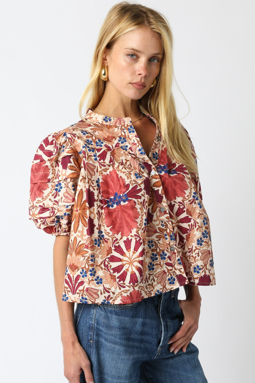 Bria Floral Balloon Shirt- Cream/Rust