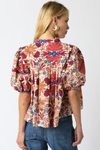 Bria Floral Balloon Shirt- Cream/Rust